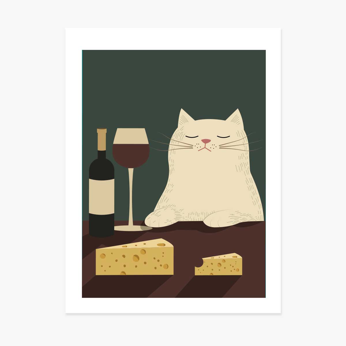 Poster Cat, wine and cheese